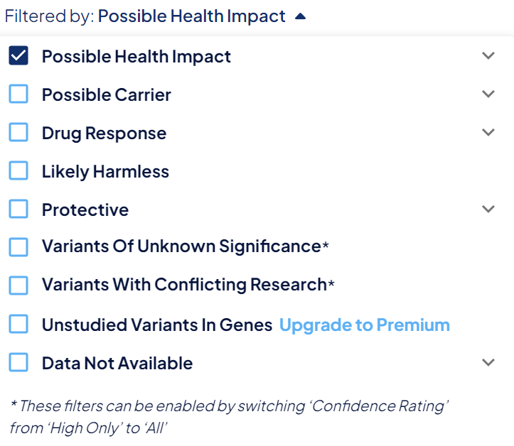 Result filter options Possible Health Impact only selected